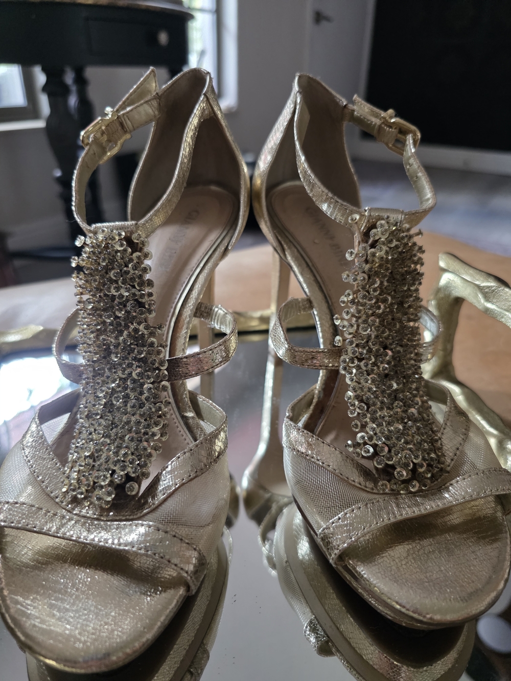 Ganni Gold Sequin T-Strap High Heel Sandals
